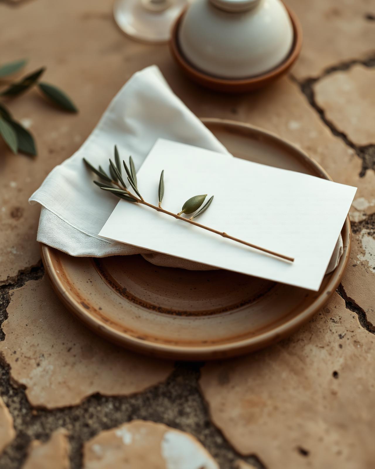 Linen invitation detail with olive branch